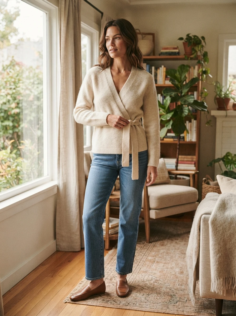 A woman wearing a wrap cardigan paired with straight leg blue jeans.