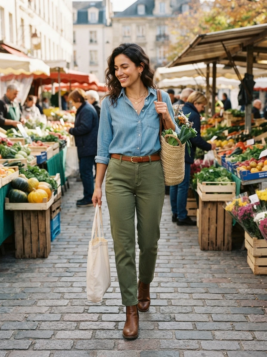 A woman wearing a chambray shirt tucked into olive green chinos with leather ankle boots.