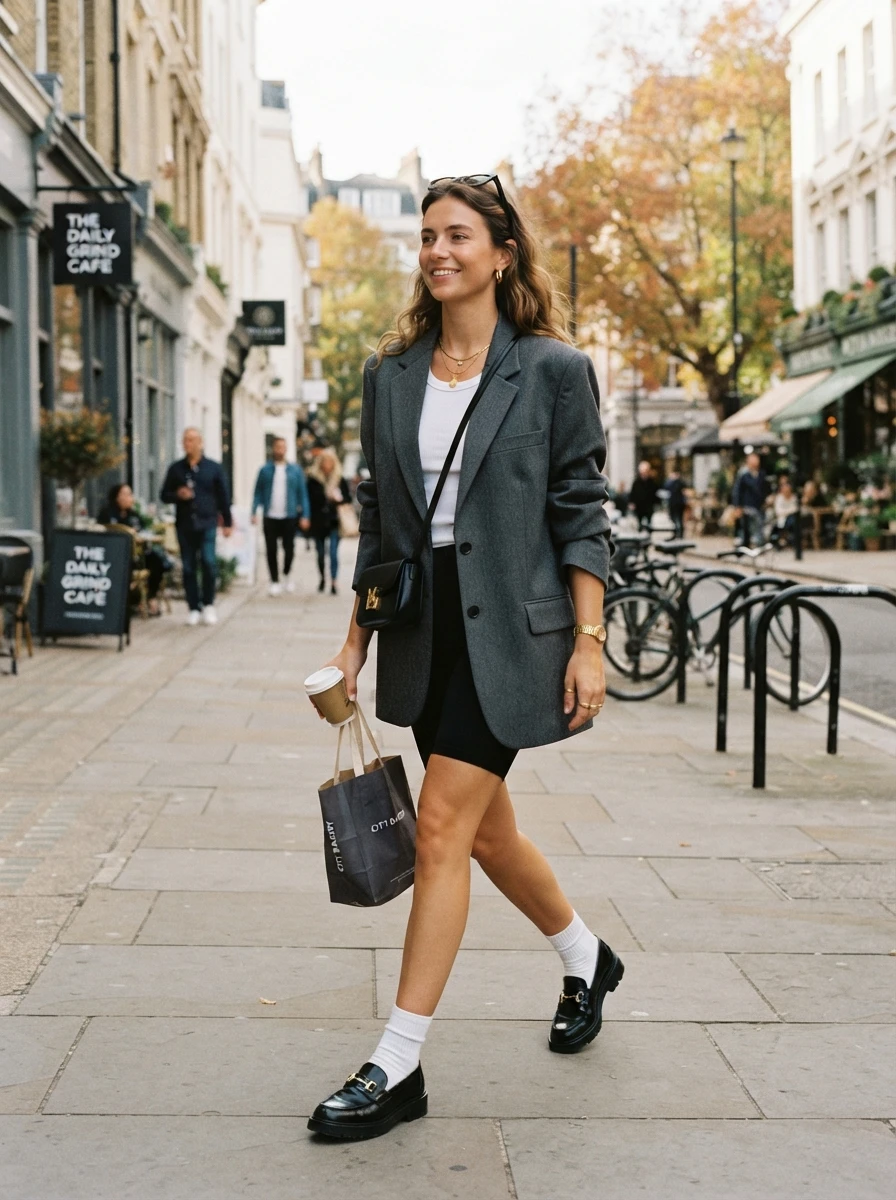 A woman wearing an oversized blazer over a tank top with biker shorts and loafers.