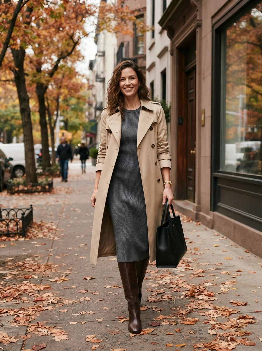 A woman wearing a fitted ribbed knit dress under a classic beige trench coat with leather boots.