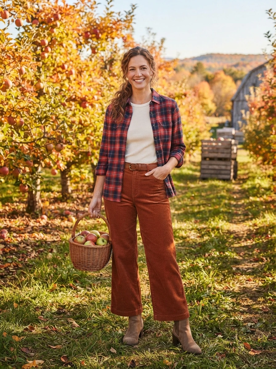 A woman wearing a flannel shirt tucked into rust colored corduroy pants with suede boots.
