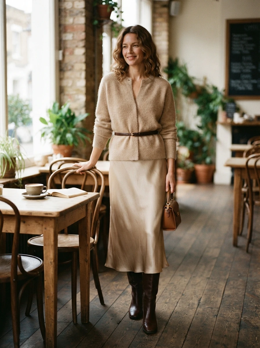 A woman wearing a beige cashmere cardigan tucked into a flowy midi skirt with knee high boots.