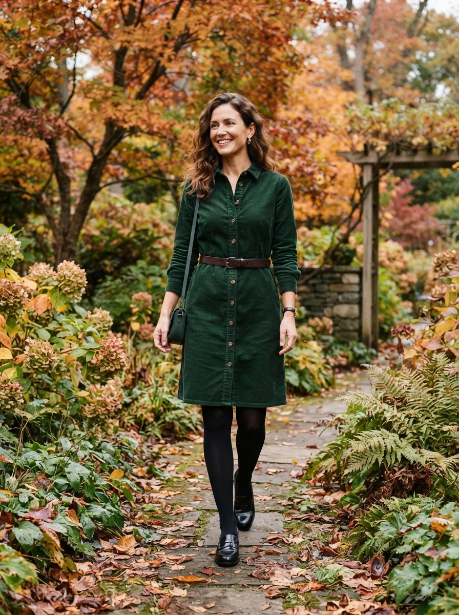 A woman wearing a forest green corduroy shirt dress with opaque black tights and leather loafers.