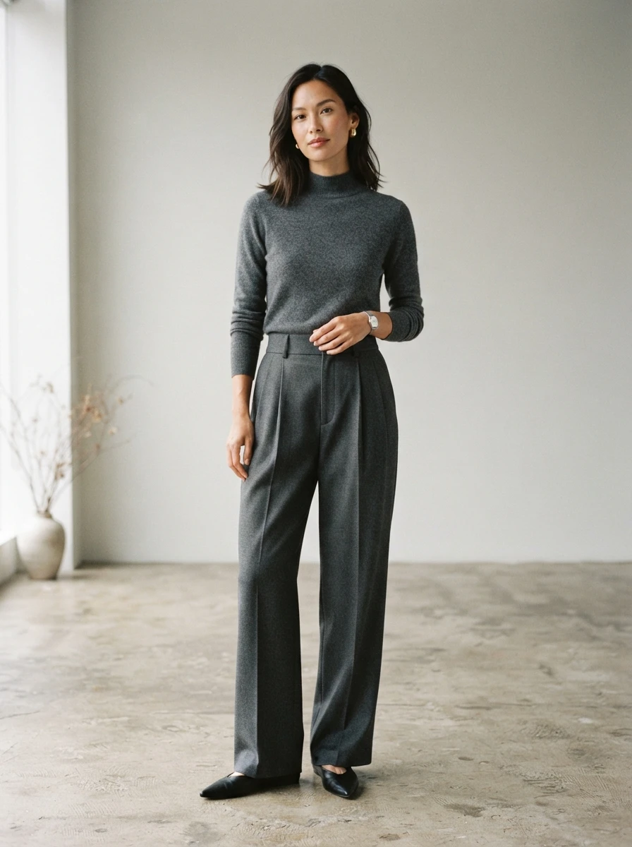 A woman in a grey mock neck sweater tucked into high waisted pleated trousers with pointed toe flats.