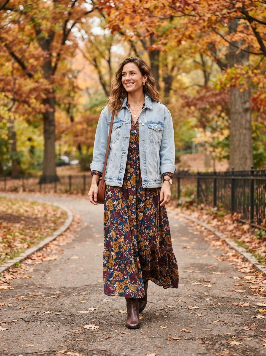 A woman wearing a light wash denim jacket over a floral maxi dress with leather ankle boots.