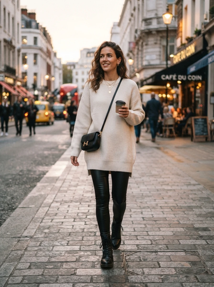 A woman wearing black leather leggings paired with an oversized cream sweater and combat boots.