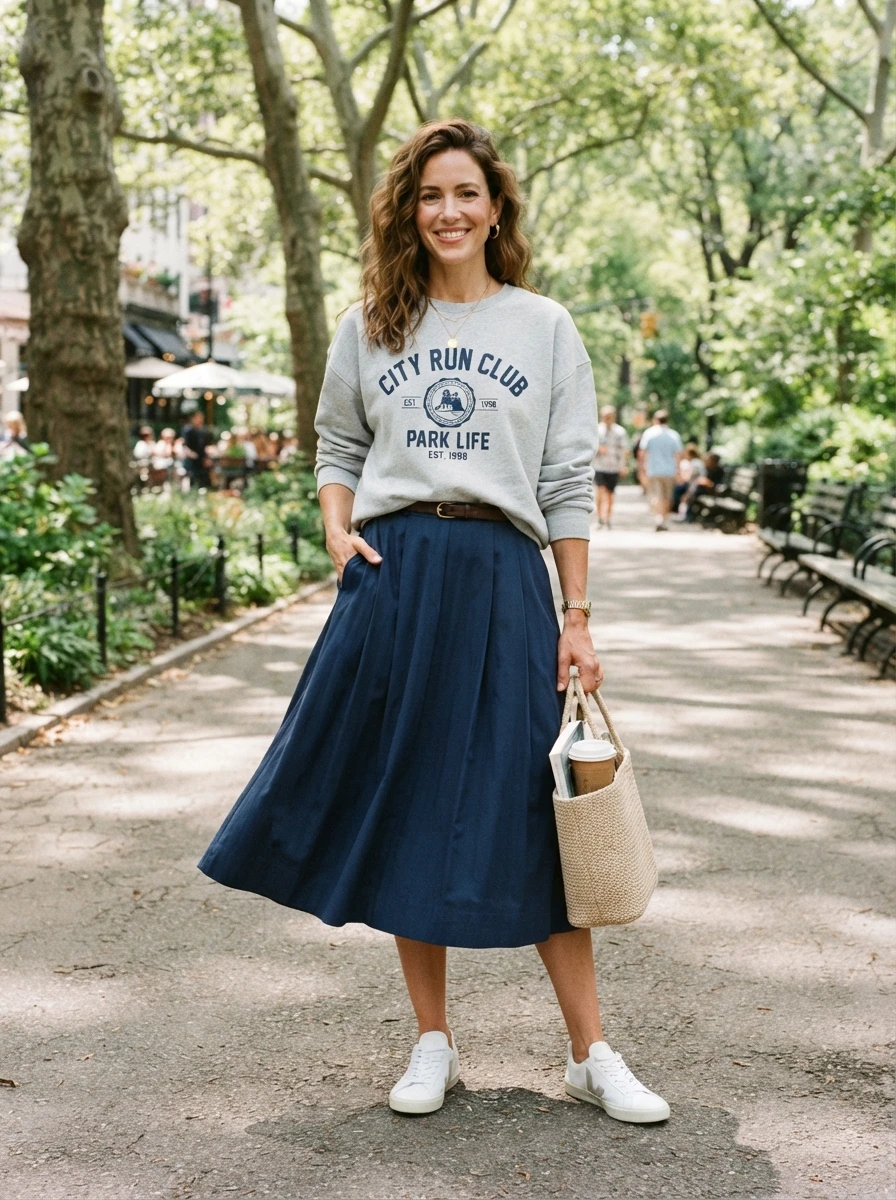 A woman wearing a graphic sweatshirt tucked into a pleated midi skirt with white sneakers.