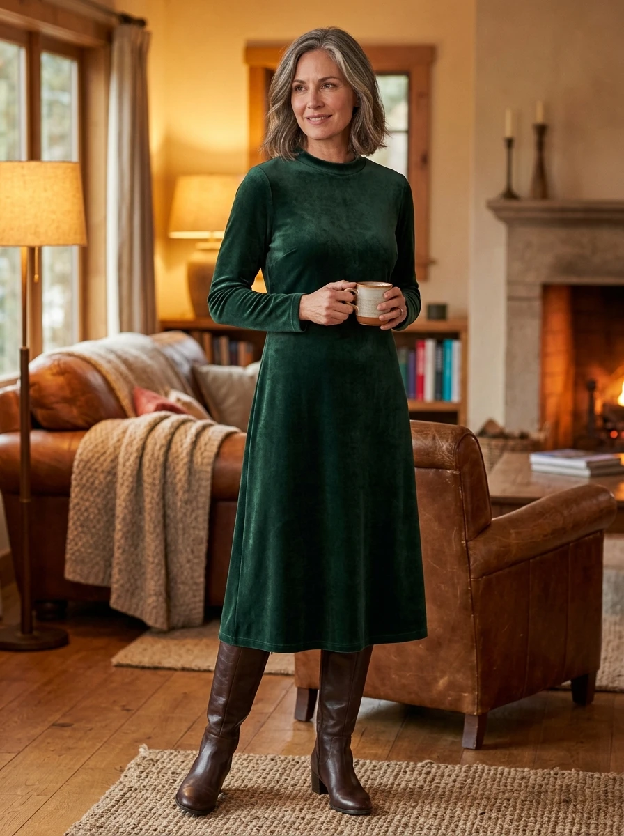 A woman wearing a velvet midi dress paired with knee high boots, offering a comfortable yet dressed up winter look.