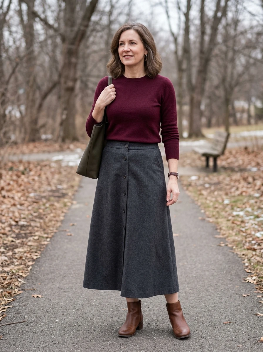 A woman styled in a wool blend midi skirt and a fitted sweater, creating a classic and cozy winter ensemble.