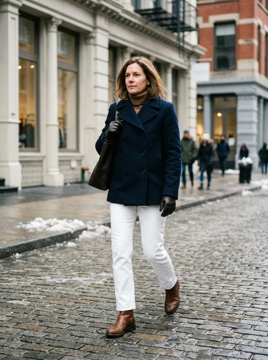 A woman wearing a navy pea coat over white jeans, showing a bright and polished winter color combination.