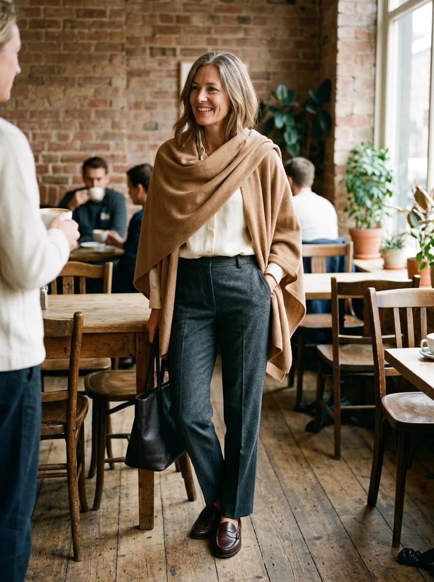 A woman wearing a cashmere wrap draped over her shoulders with tailored trousers, creating a relaxed yet elegant look.