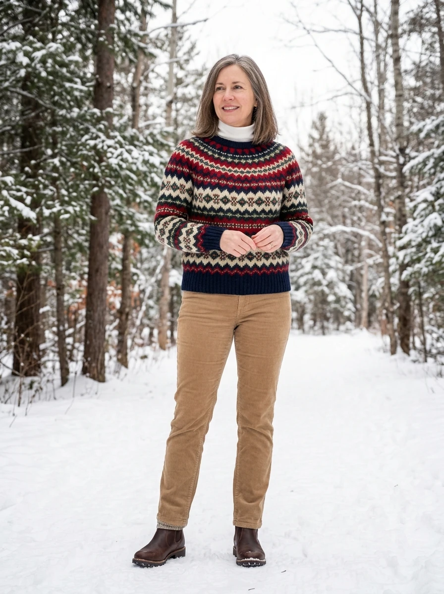 A woman wearing a Fair Isle sweater with tan corduroy pants, showcasing a traditional and cozy winter style.