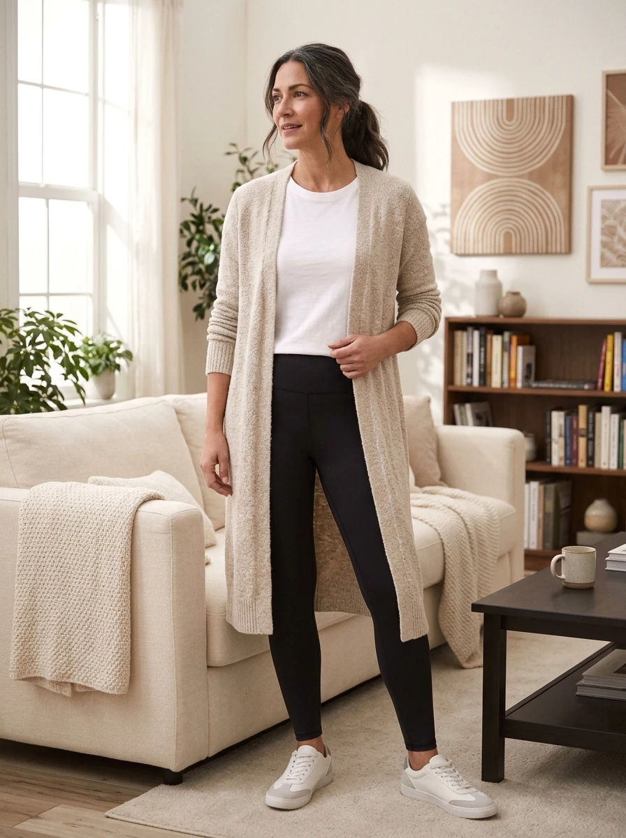 A woman dressed in a longline cardigan over leggings, offering a comfortable and practical look for casual days.