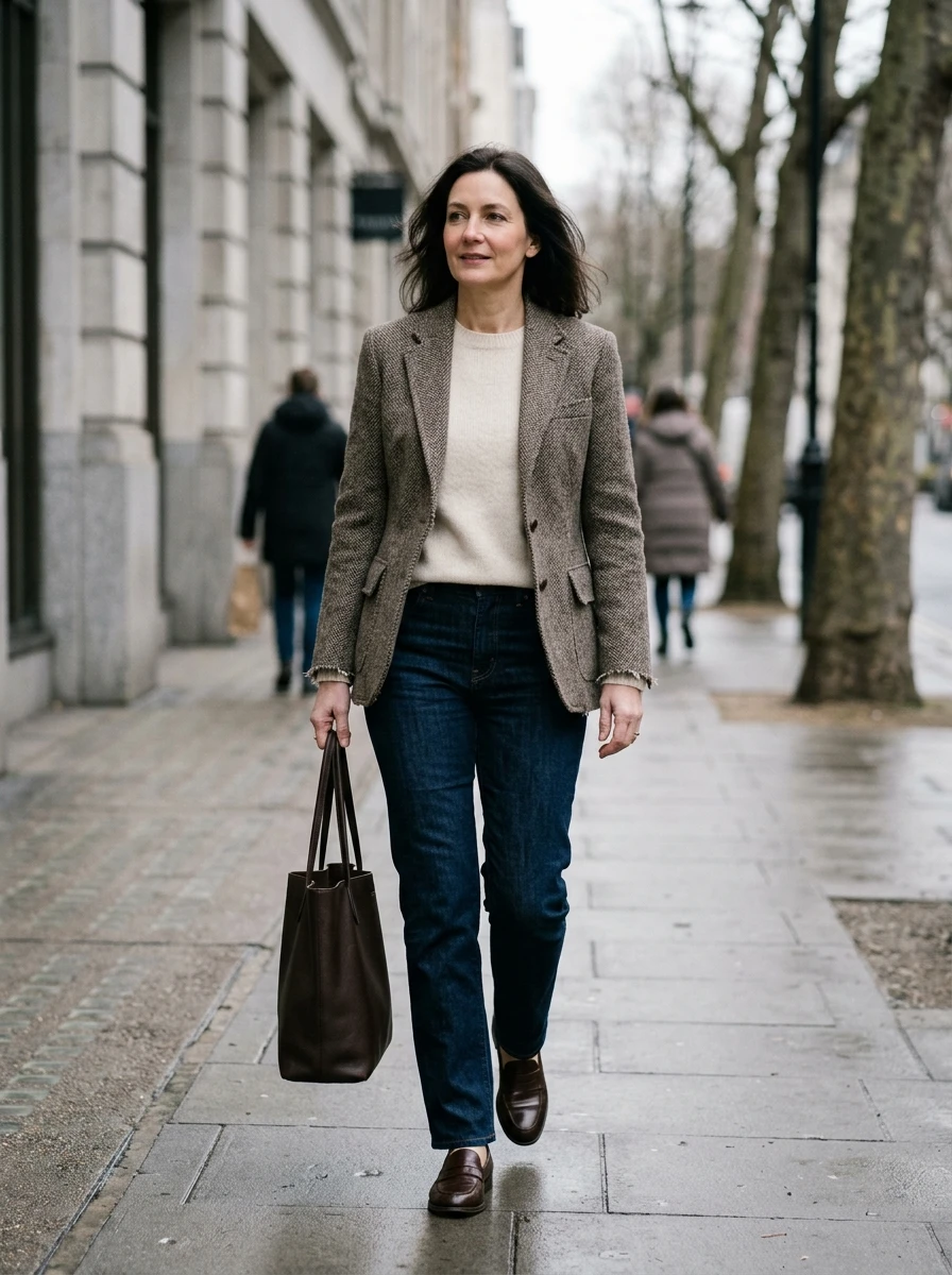A woman wearing a tweed jacket paired with dark denim, creating a sophisticated and textured casual winter outfit.