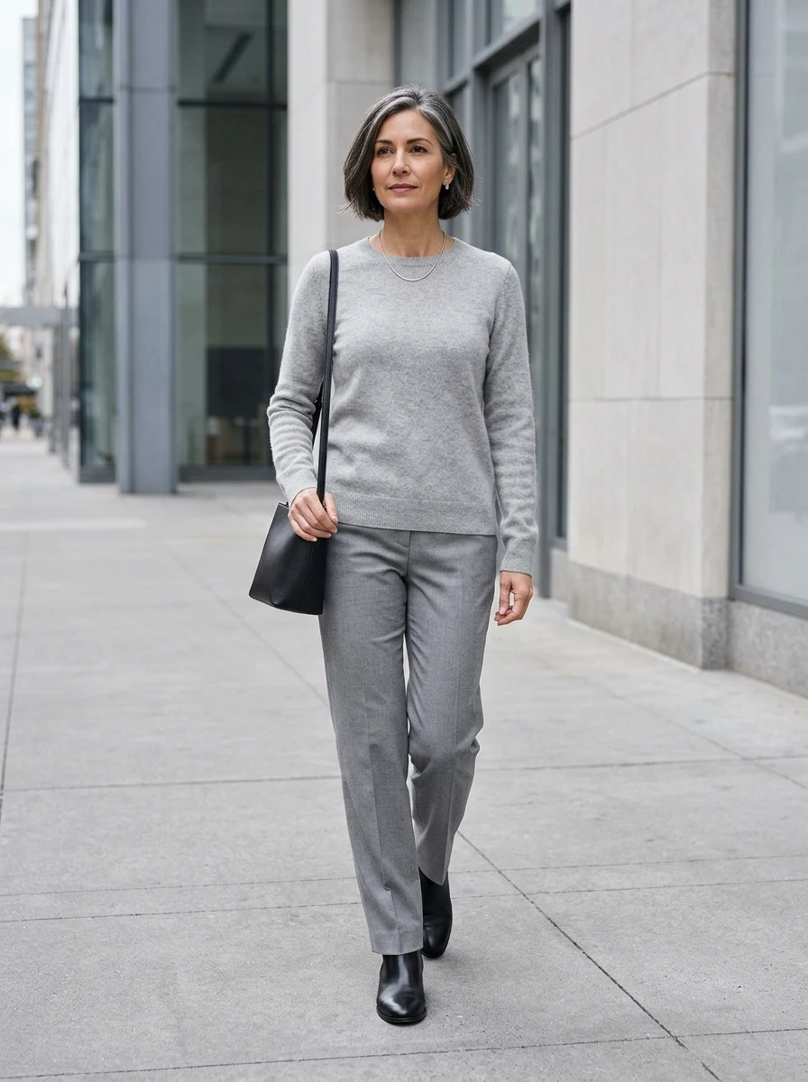 A woman styled in a monochromatic light gray cashmere sweater and matching trousers, finished with sleek black ankle boots for a clean look.