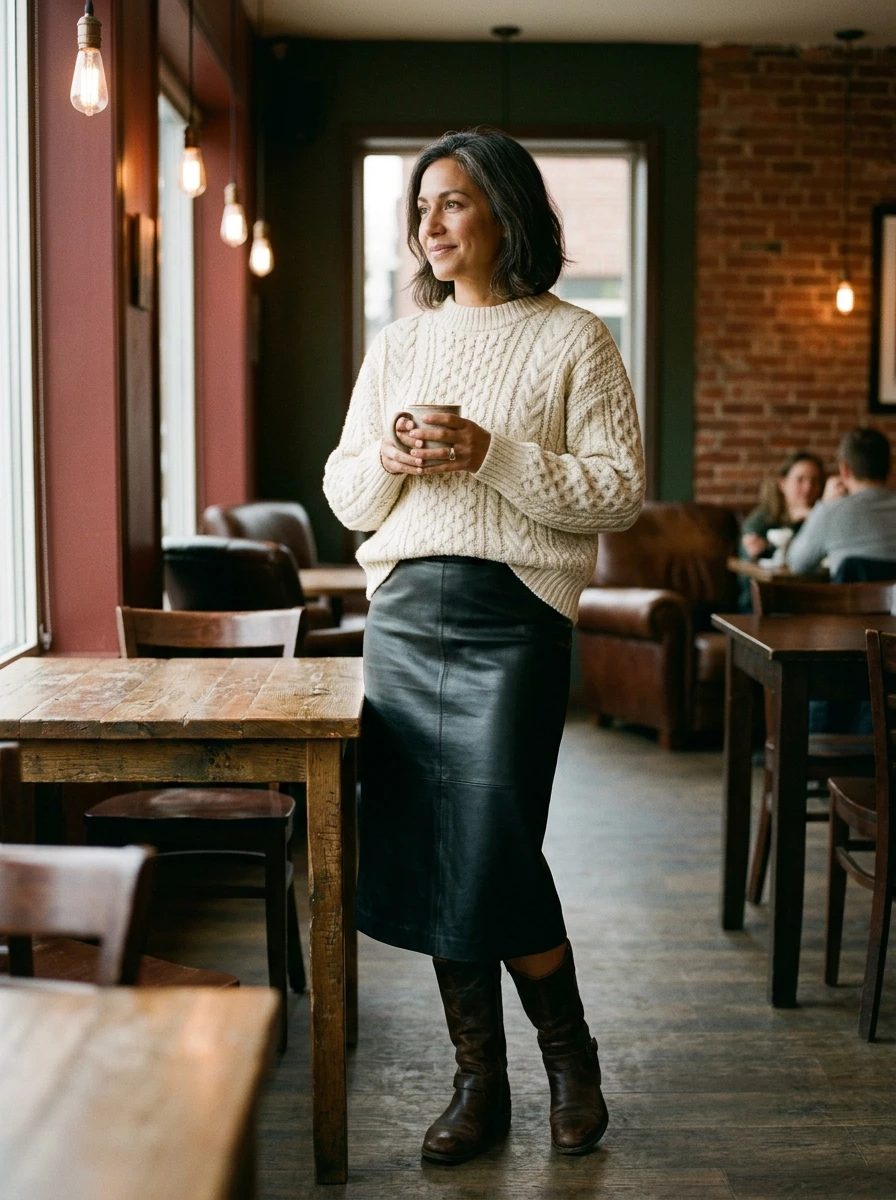 A woman wearing a thick cream cable knit sweater combined with a black leather midi skirt, creating a textured winter outfit.