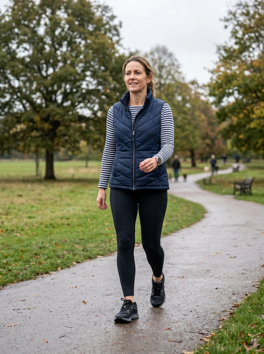 A woman dressed in a functional navy quilted vest, striped shirt, and leggings, strong for active winter days.