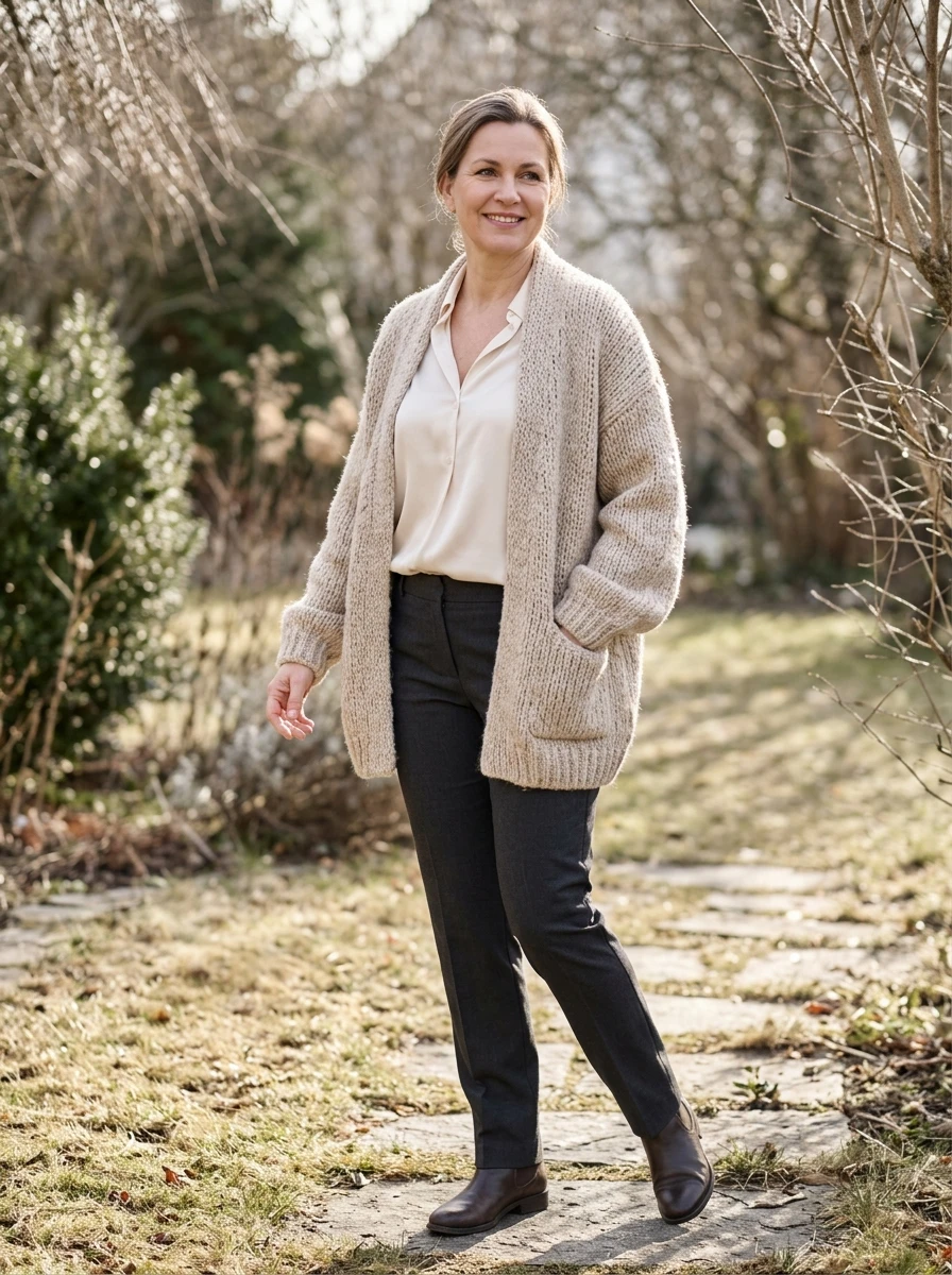 A woman styled in an oversized beige cardigan layered over a silk blouse, offering a soft and elegant winter aesthetic.