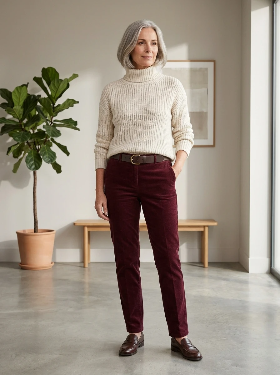 A woman wearing rich burgundy trousers paired with a cream turtleneck, showing a balanced and seasonal color palette.