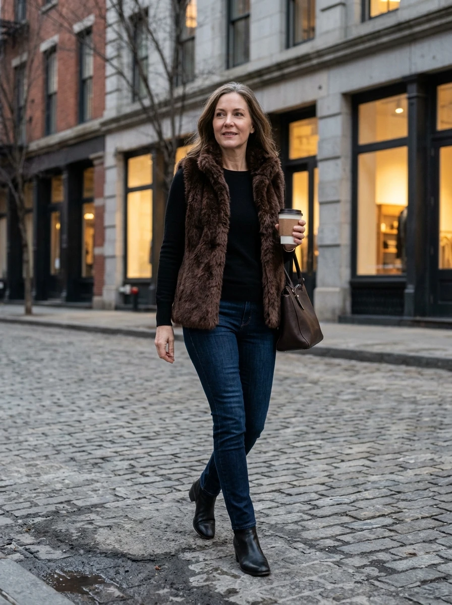 A woman styled in a faux fur vest layered over a simple black top and dark jeans, providing a textured and cozy look.