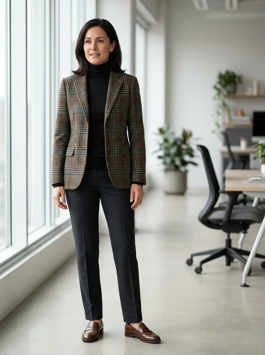 A woman dressed in a plaid wool blazer layered over a turtleneck, demonstrating a smart and layered winter work outfit.