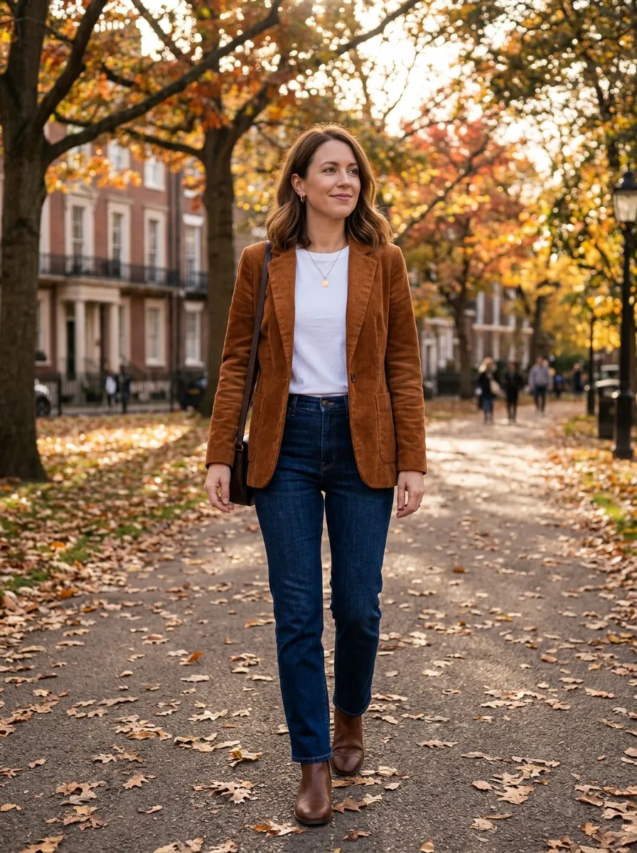 Corduroy Blazer and White Tee — 16 Easy Outfit Ideas for Fall Fashion Outfits Ideas Casual Chic