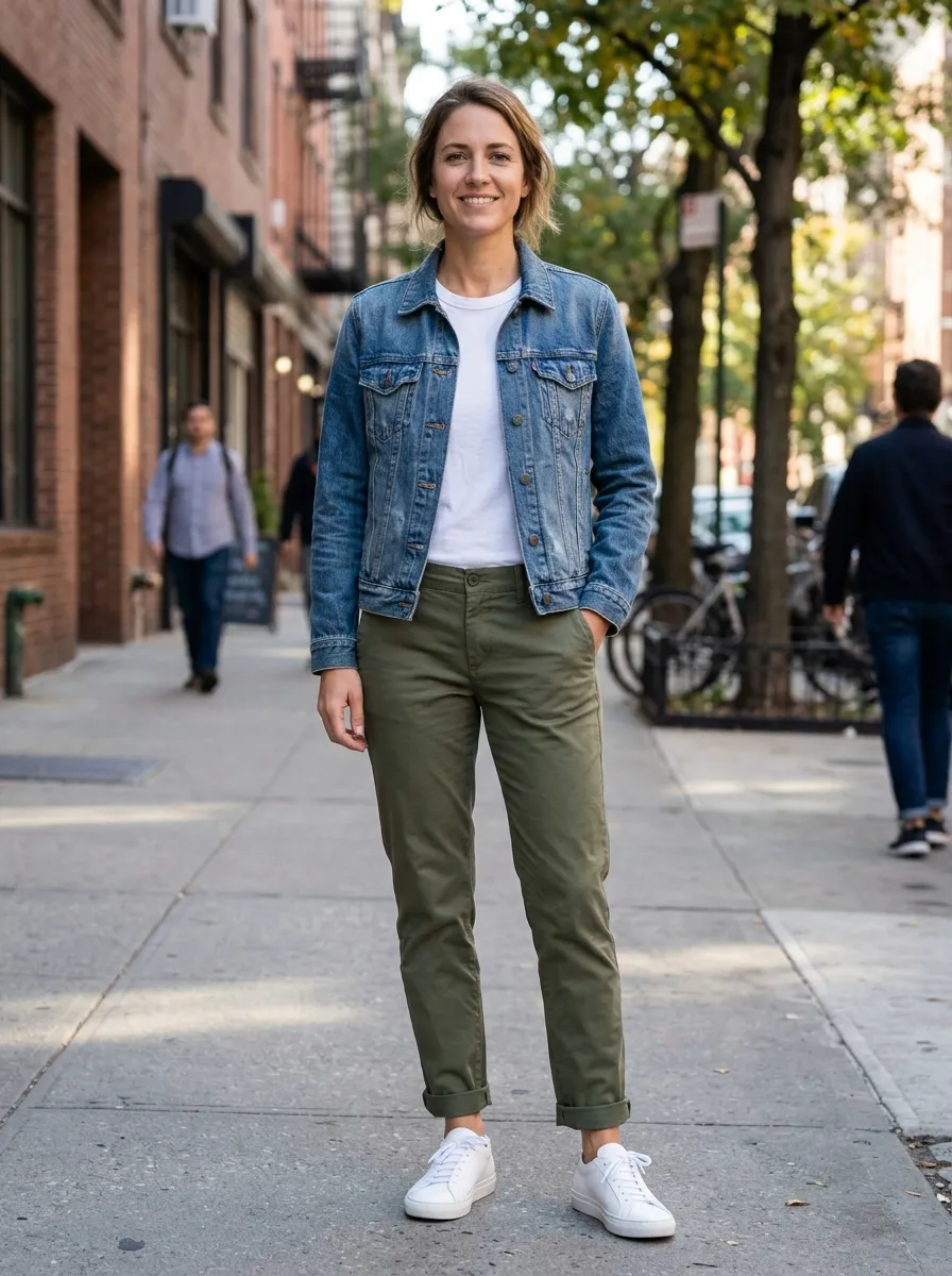 Denim Jacket and Chinos — 16 Easy Outfit Ideas for Fall Fashion Outfits Ideas Casual Chic