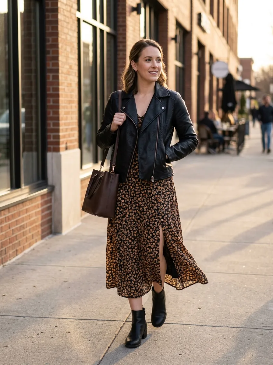 Leather Jacket and Midi Dress — 16 Easy Outfit Ideas for Fall Fashion Outfits Ideas Casual Chic