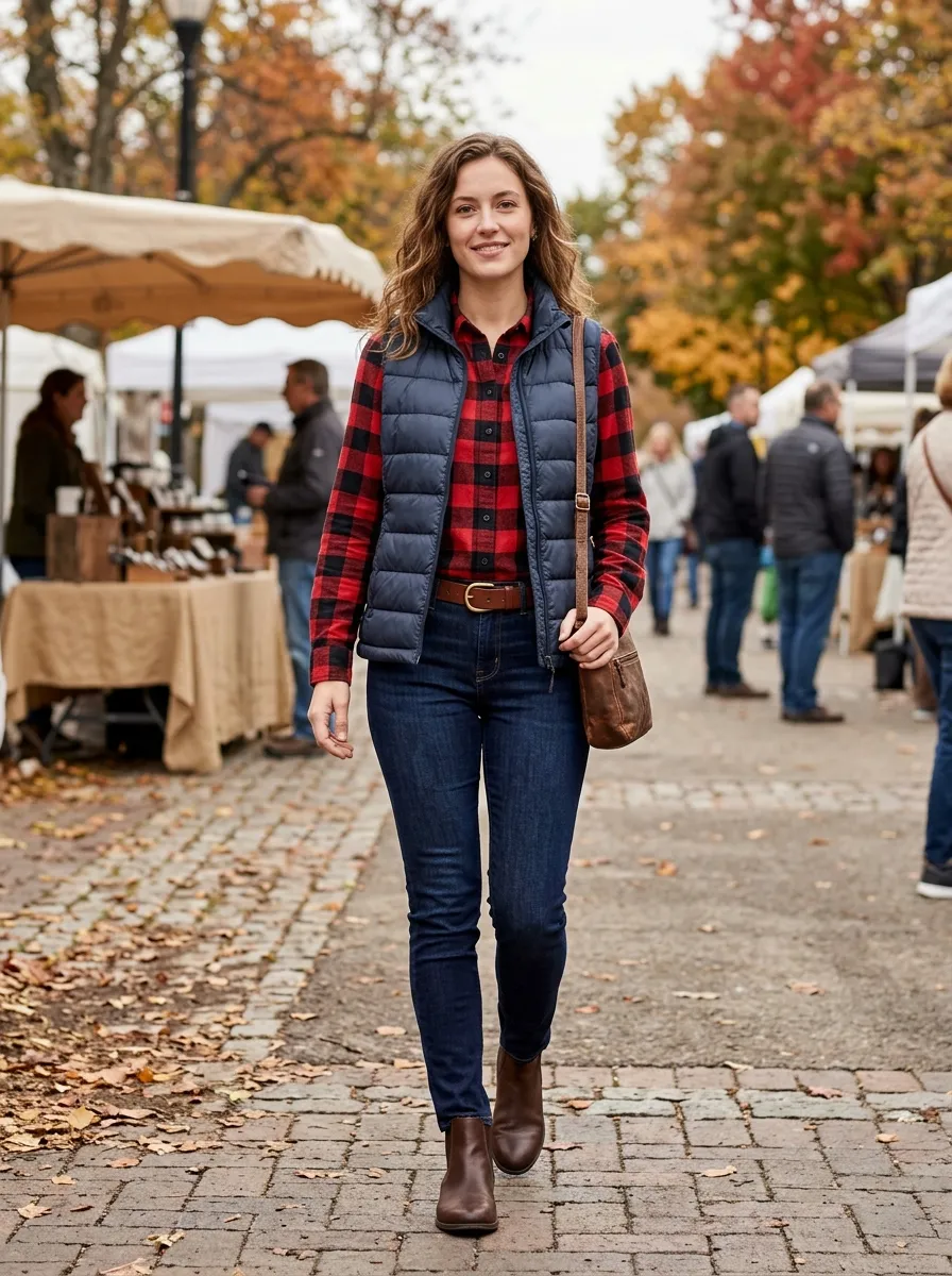 Puffer Vest and Flannel Shirt — 16 Easy Outfit Ideas for Fall Fashion Outfits Ideas Casual Chic