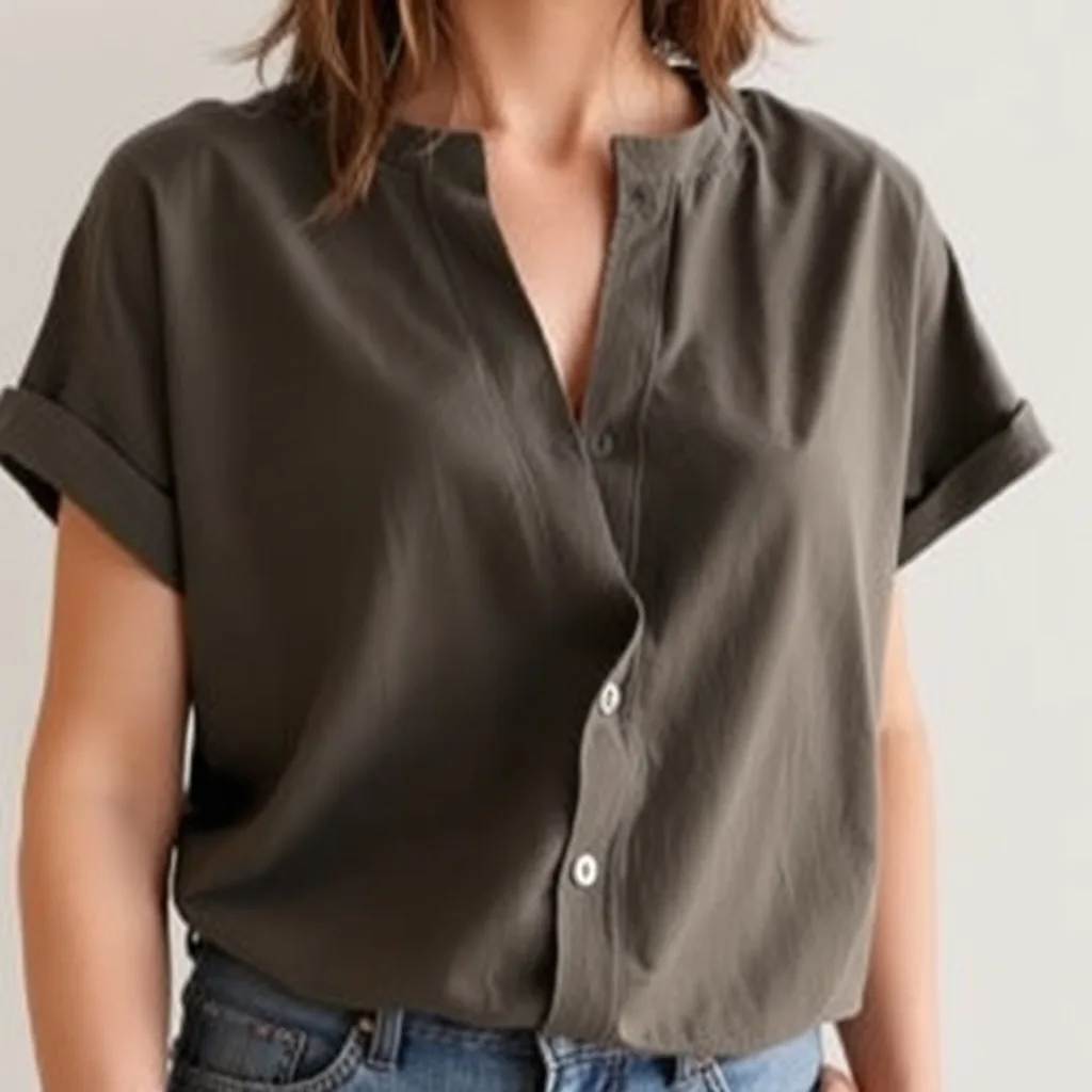 A close up shot of a model wearing a deep V neck shirt with layered gold jewelry, captured in soft, flattering lighting.