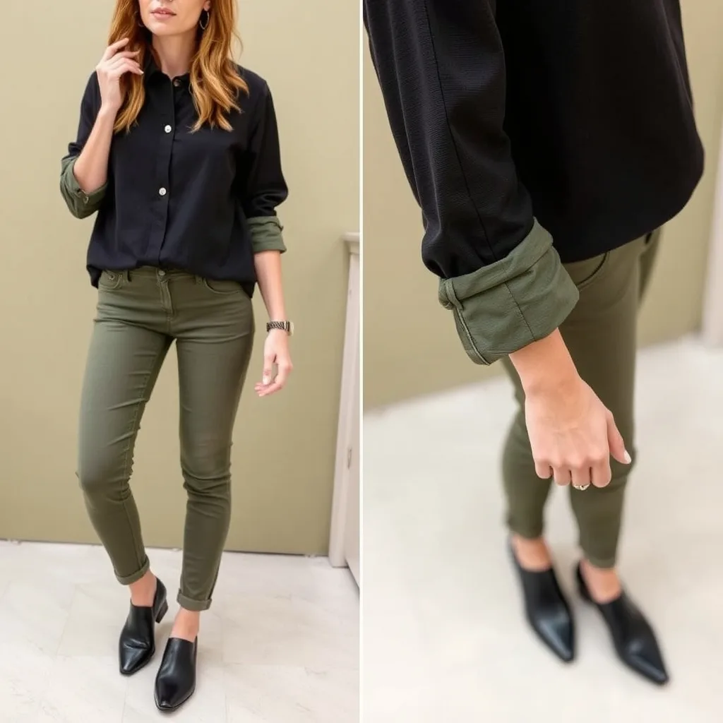 A model wearing a shirt with thick, permanent cuffed sleeves, styled in a minimalist look against a neutral background with bright light.