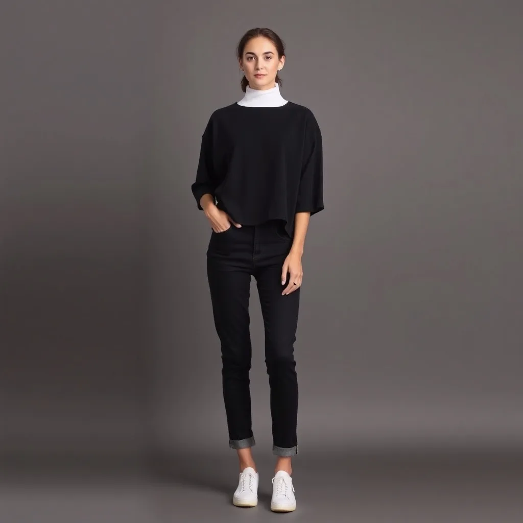 A model wearing a cropped boxy shirt layered over a long sleeve top, captured in soft autumn light with a focus on the silhouette.