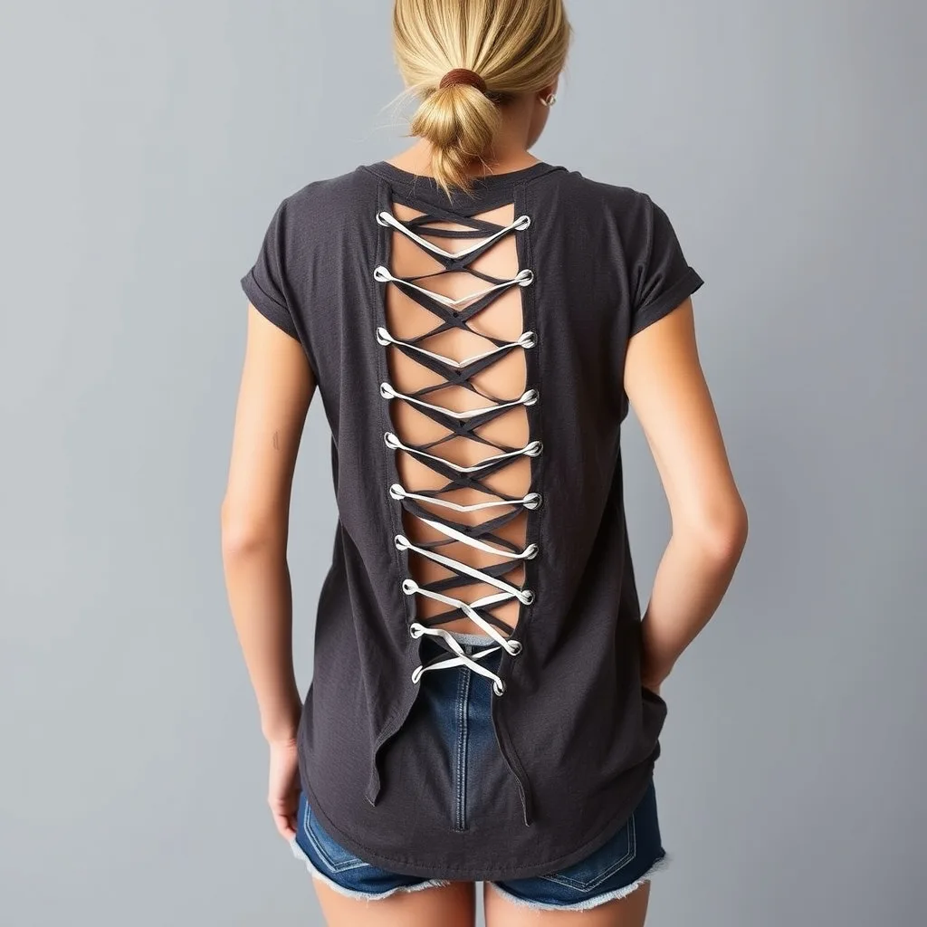 A rear view of a model wearing a shirt with a laddered back design, captured in a sunlit setting with a relaxed festival aesthetic.