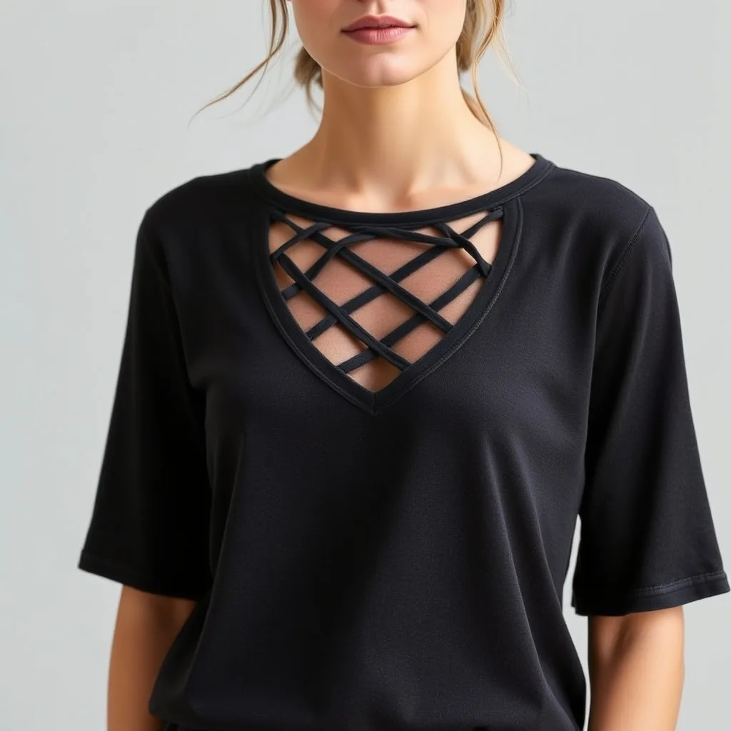 An editorial portrait focusing on the neckline of a shirt featuring a woven lattice detail created from small fabric slits, captured in soft natural lighting.