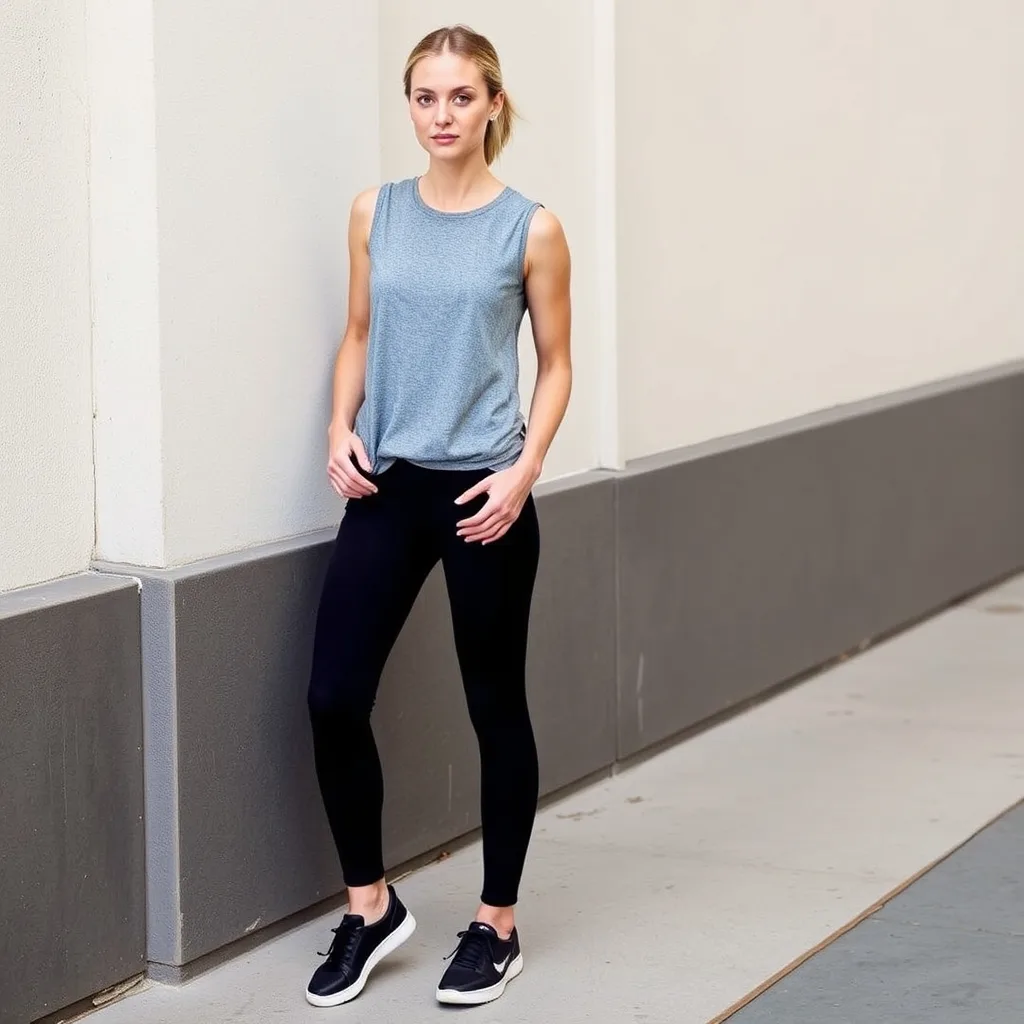 A model wearing a modified sleeveless muscle tank and athletic leggings, captured in a bright outdoor park setting with natural sunlight.