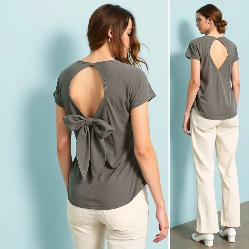 A rear view of a model wearing a shirt with a cinched back bow tie detail, set against a lush garden background with soft, natural light.