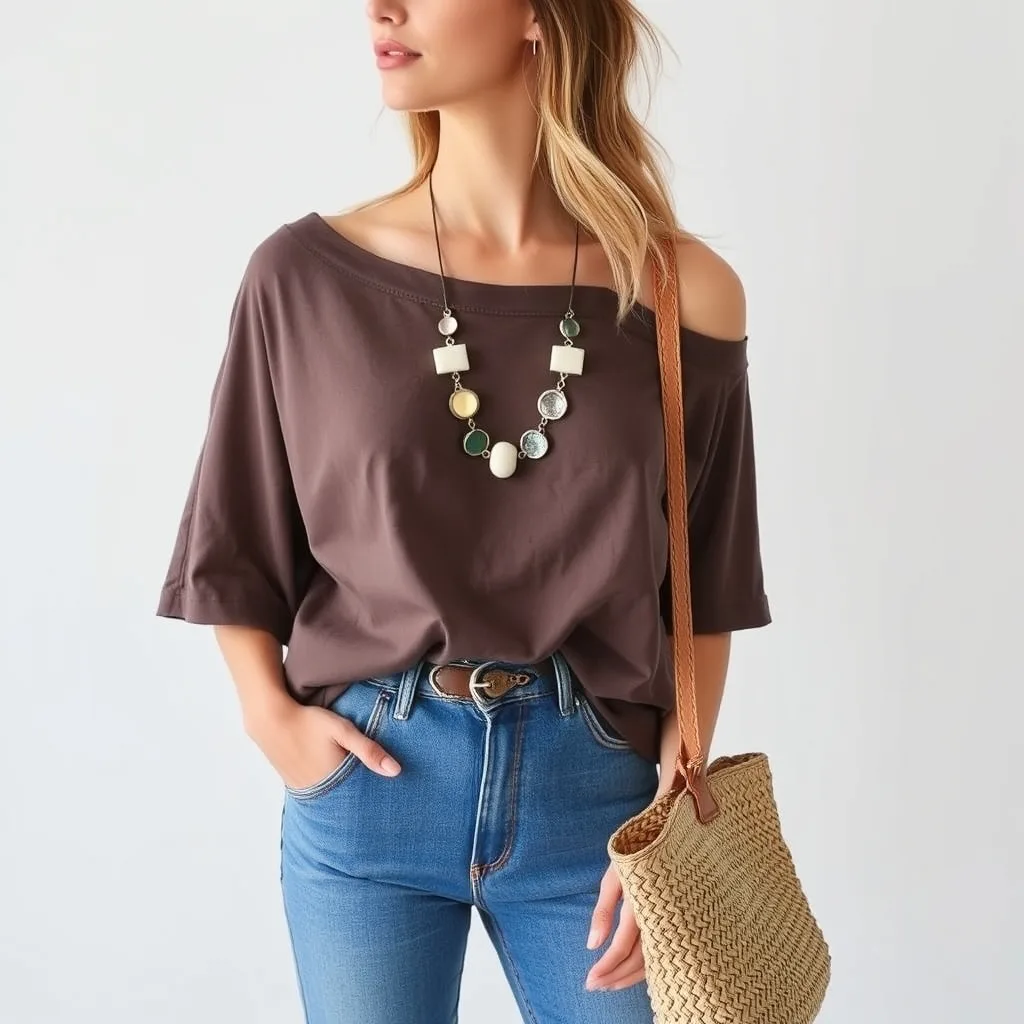 A model wearing a relaxed off the shoulder shirt in neutral tones, captured in a bright, airy studio space with a clean backdrop.