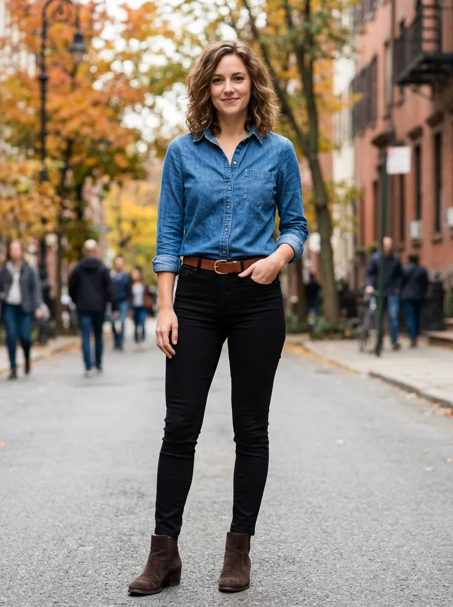 Denim Shirt and Black Jeans