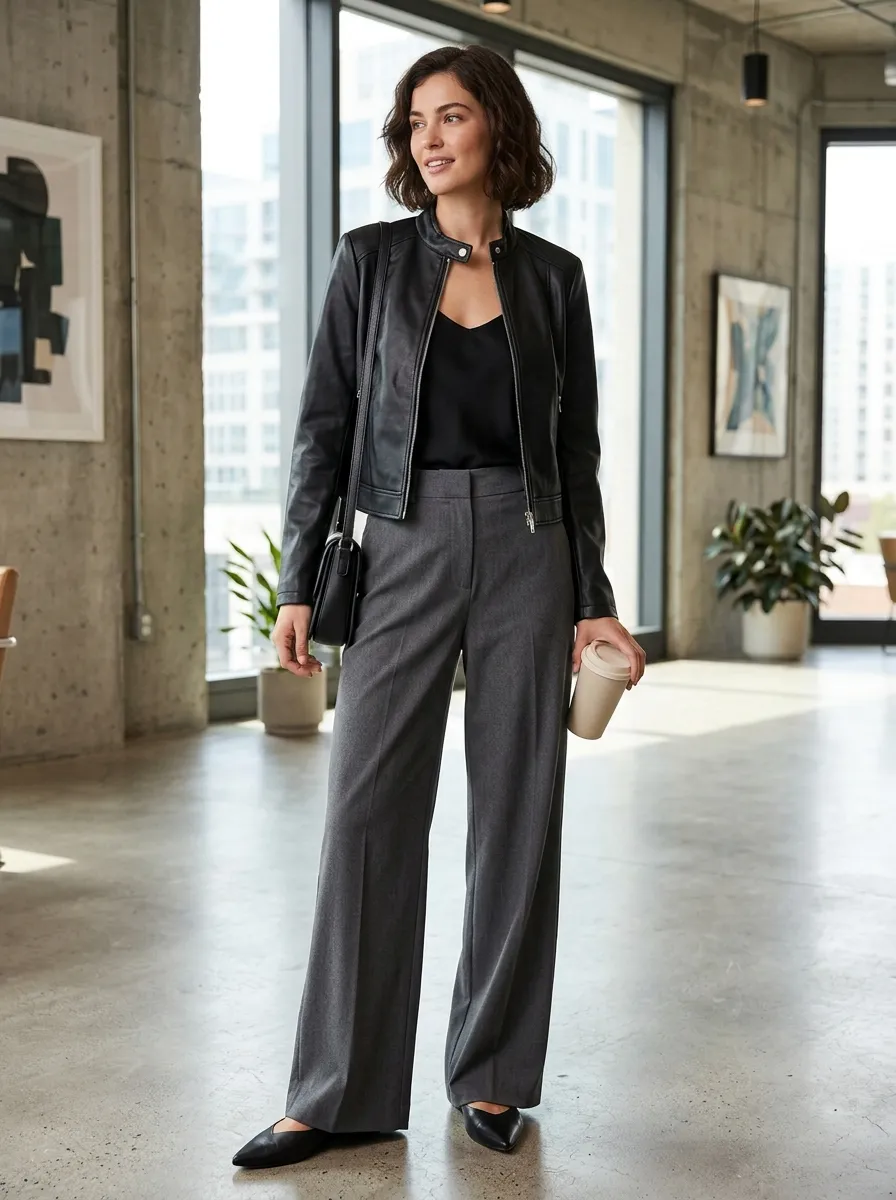 Leather Jacket and Wide Leg Trousers