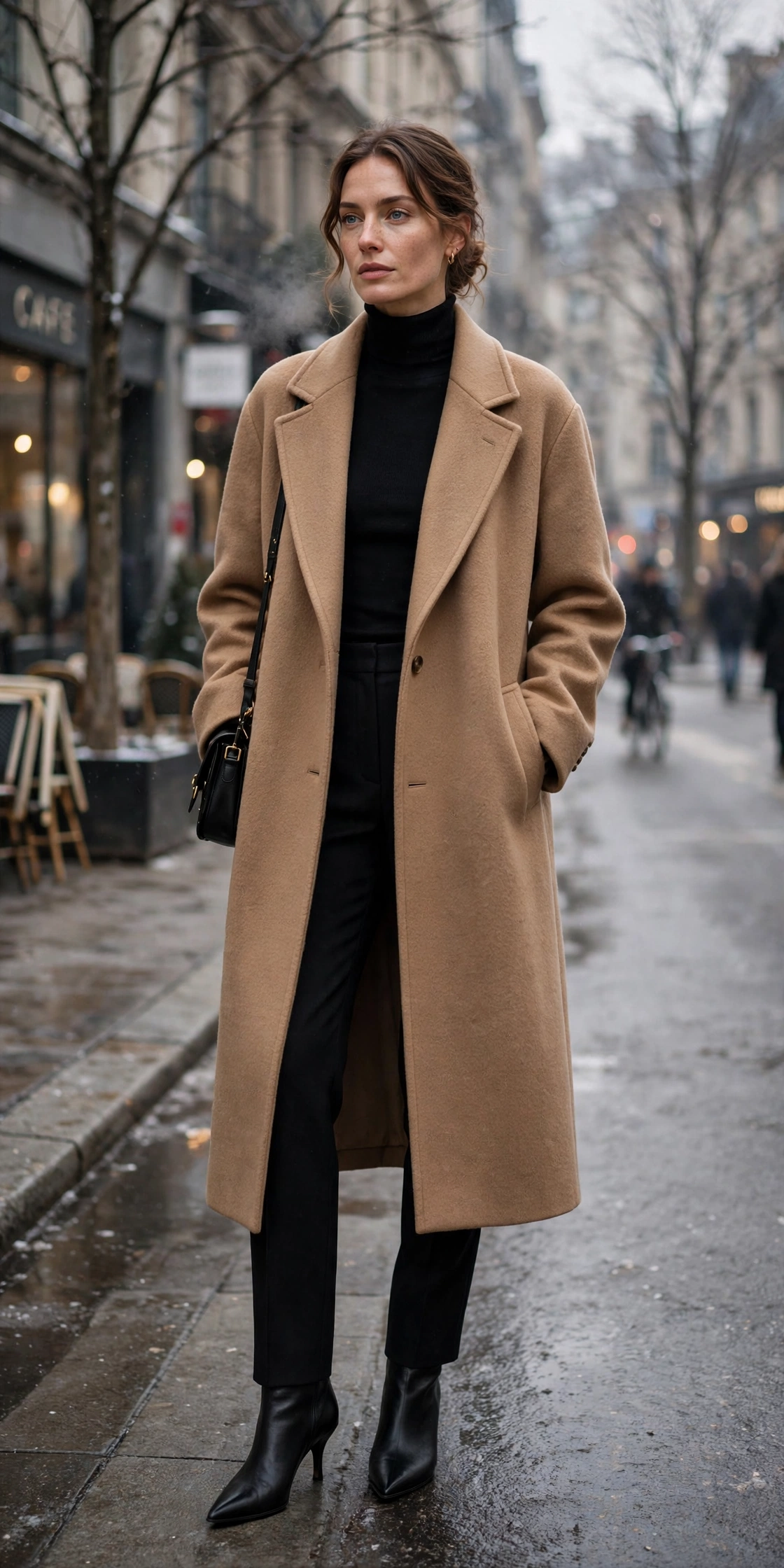 Woman in a camel wool coat over a black turtleneck and tailored trousers with pointed boots