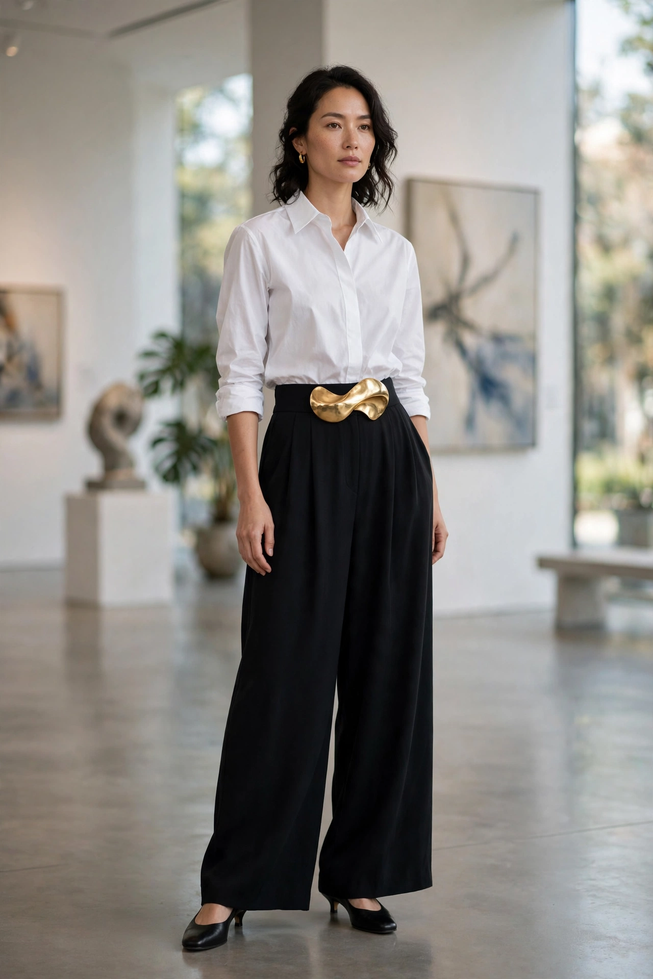 Woman in a white poplin shirt and black palazzo trousers with a sculptural belt buckle in a gallery