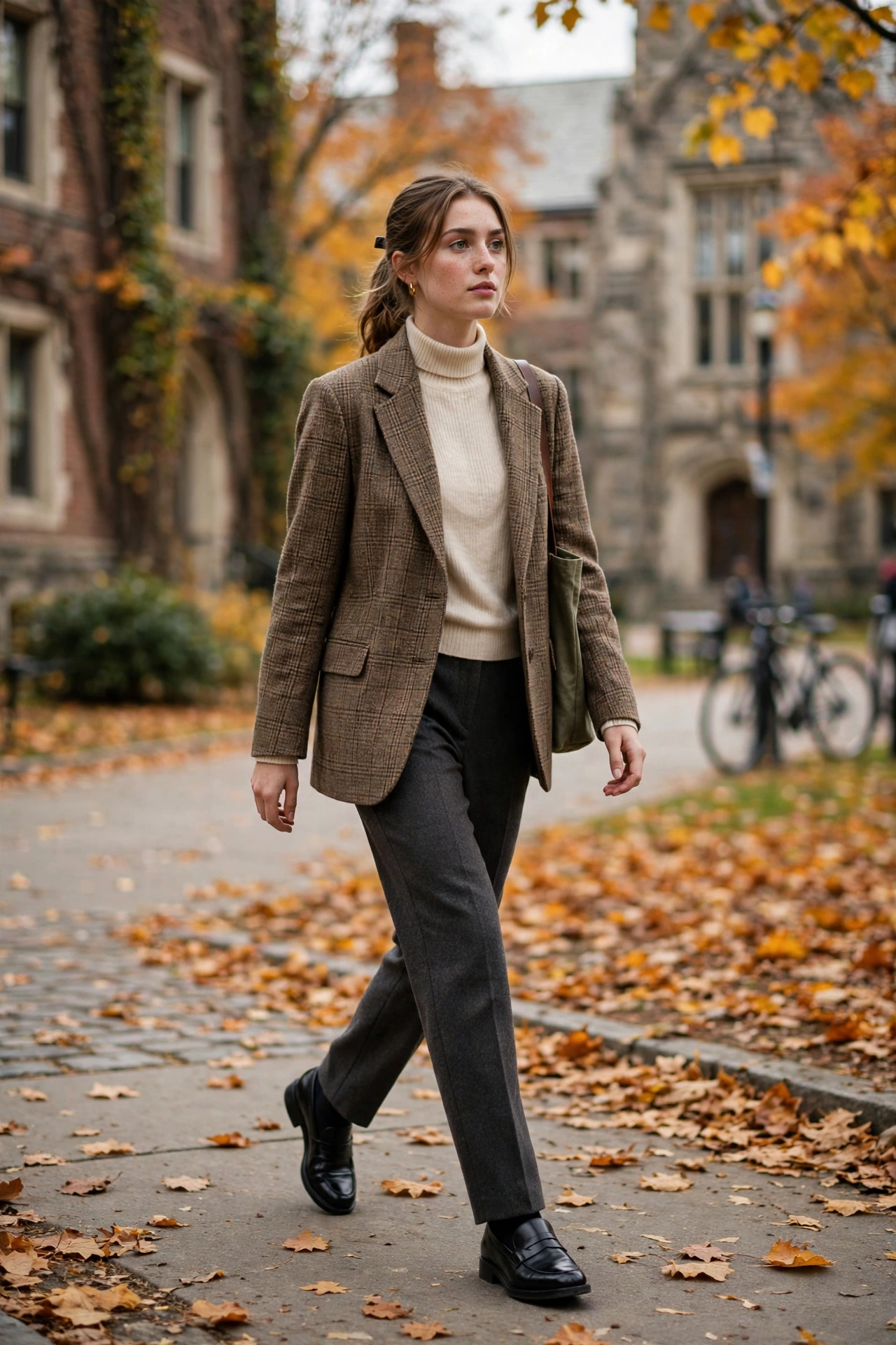 Woman in a brown-check tweed blazer with charcoal wool trousers and loafers on a campus