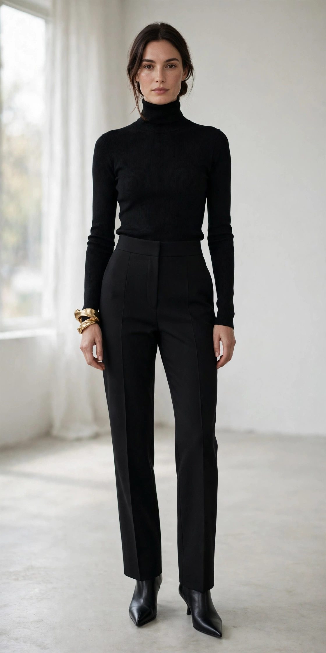 Woman in a monochrome black column outfit with a sculptural gold cuff