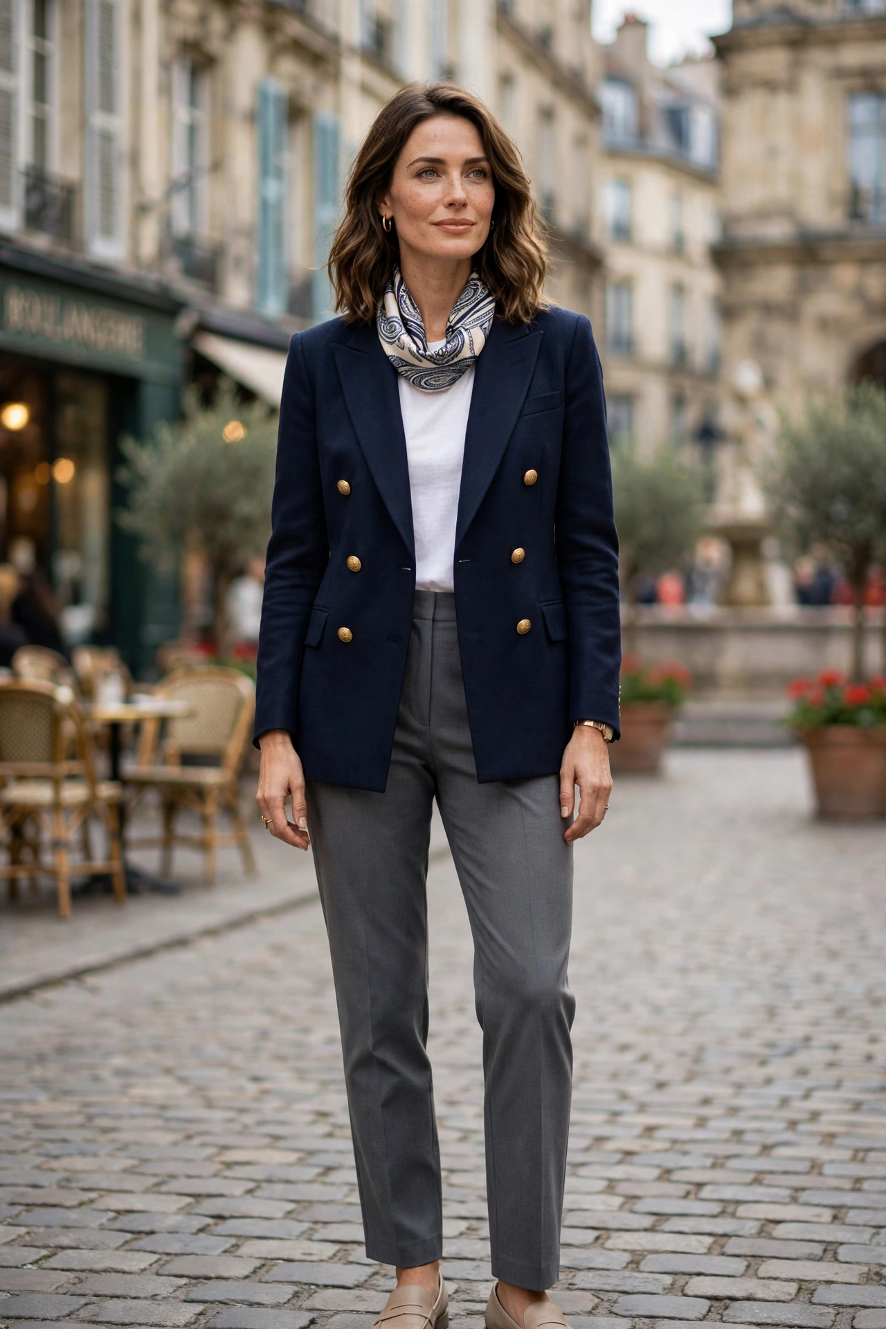 Woman in a navy double-breasted blazer, gray trousers and a silk scarf in a city square