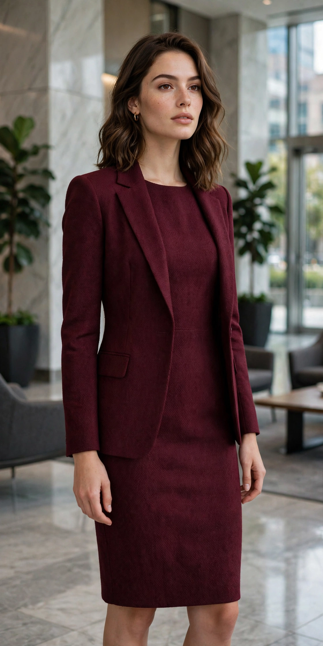 Woman in a knee-length black sheath dress and pointed pumps with a structured tote