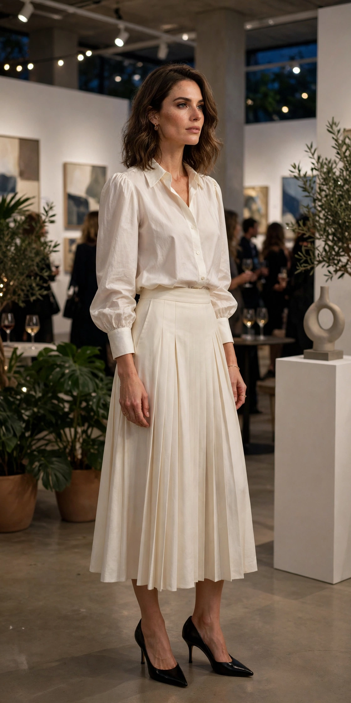 Woman in a dark pleated midi skirt, structured blazer and pointed flats