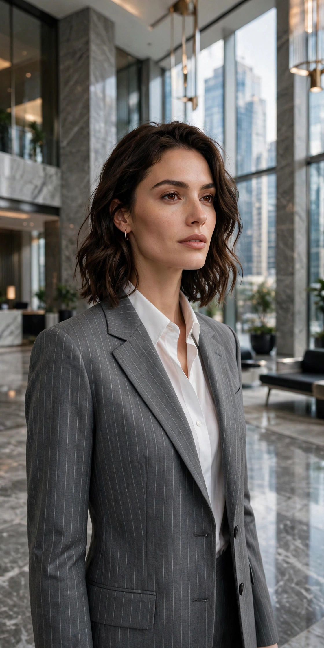 Woman in a gray pinstripe suit with a crisp white shirt and black pointed shoes