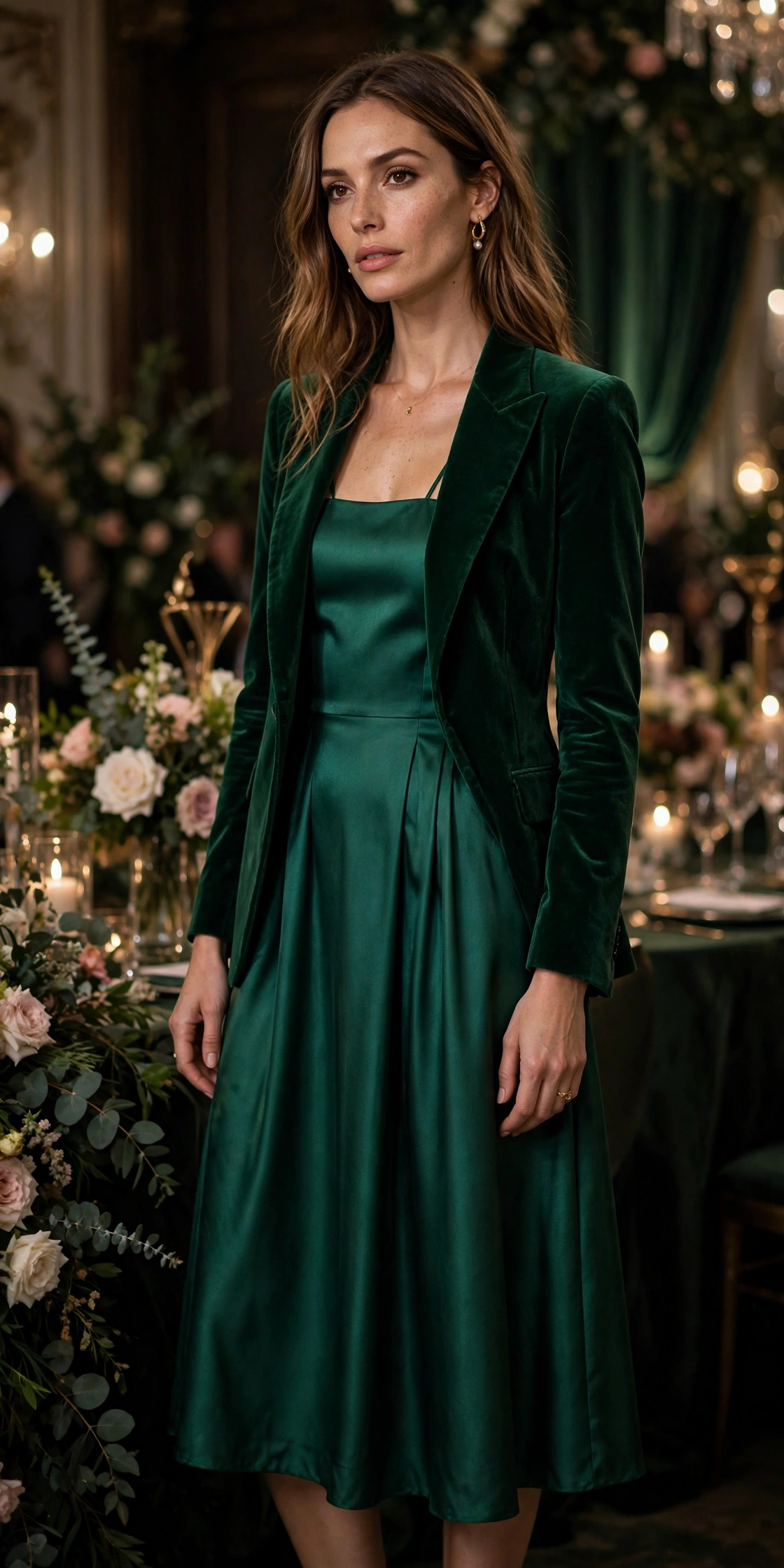 Woman in a deep-tone satin midi skirt, cashmere sweater and structured blazer