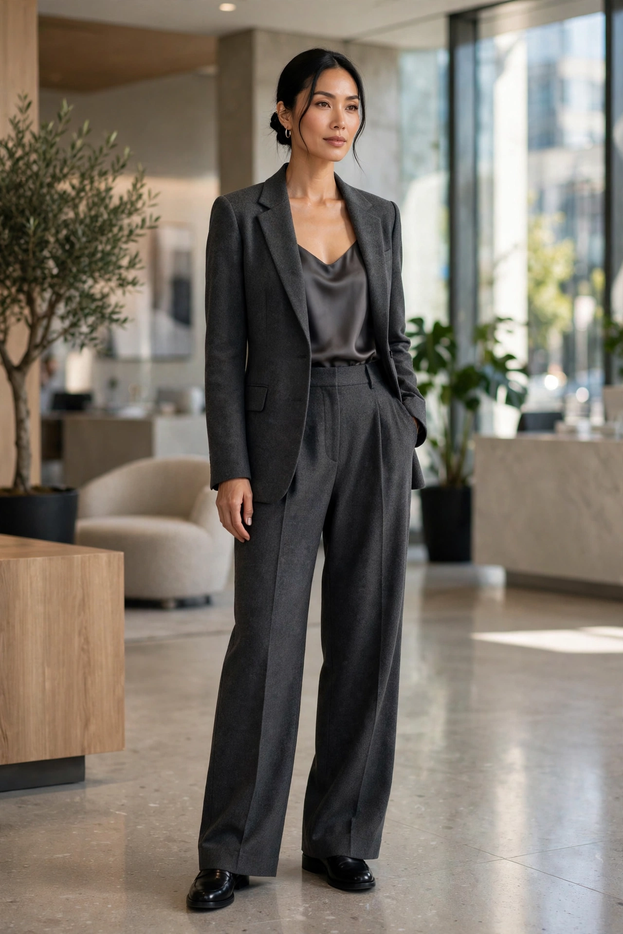 Woman in charcoal wide-leg trousers, a fitted blazer and polished loafers in an office lobby