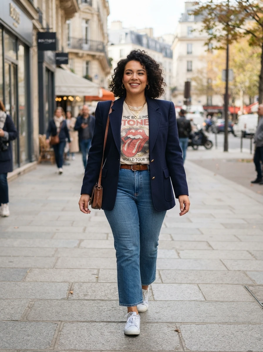 A woman in a blazer and graphic tee, showing a smart casual fall look.